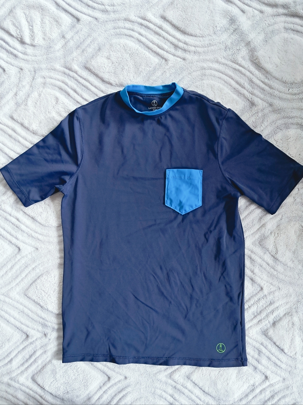 Lands' End Navy Short-Sleeve Tee with Bright Blue Pocket and Collar